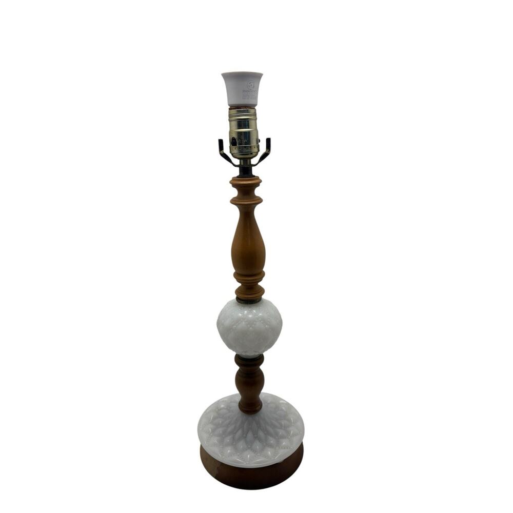 Vintage Hobnail Milk Glass & Wood Table Lamp 18" Tested - Working